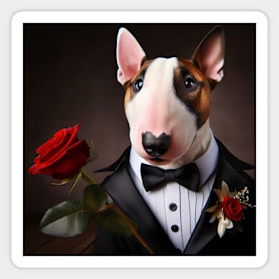 Bull terrier dog in formal tuxedo with rose Magnet